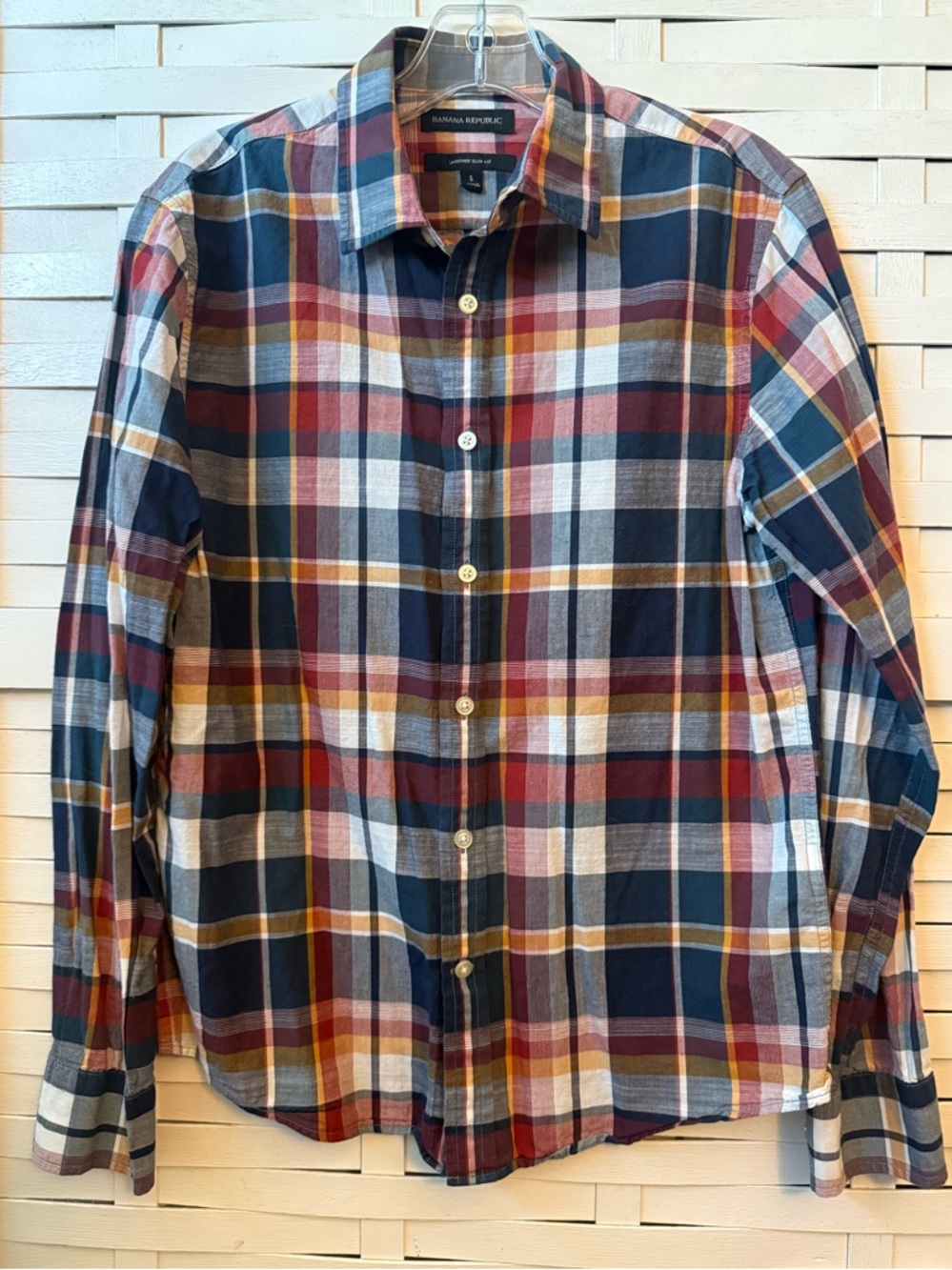 Banana Republic Men's Plaid Untucked Slim Fit Button-Up Shirt - Navy/Red/Yellow